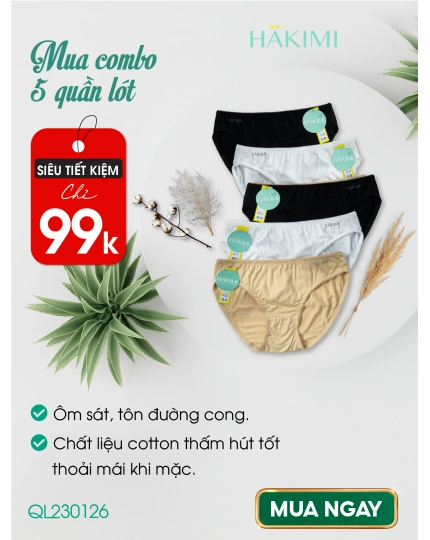 Combo 5 Quần Lót Nữ HAKIMI Chất Liệu Cotton Trơn Mềm Mịn Mát Mẻ QL230126
